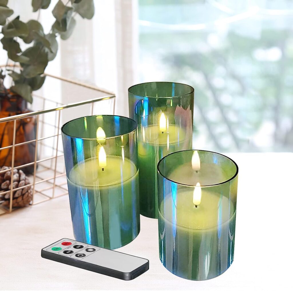 Eywamage Grey Glass Flameless Candles with Remote Battery Operated Flickering LED Pillar Candles Real Wax Wick Φ 3 H 4 5 6