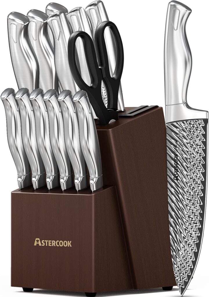 Knife Set, 15 Pieces Kitchen Knife Block Set with Built in Knife Sharpener Block, Dishwasher Safe, German Stainless Steel, Best Gift, Silver